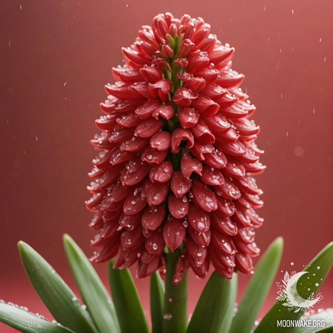 A red hyacinth flower touched by raindrops, adorned with sparkling sequins.
