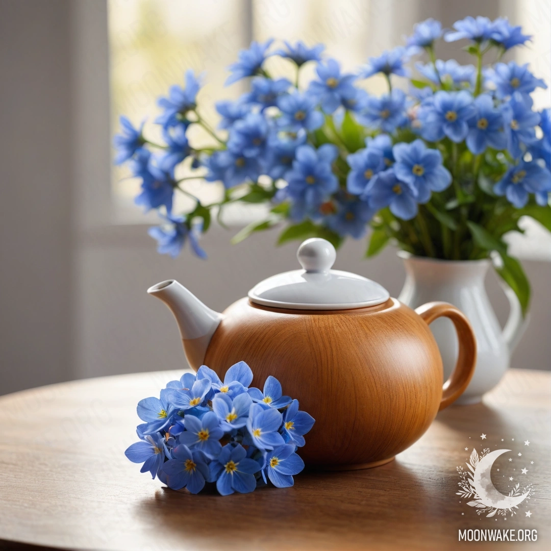 A round wooden table with a porcelain teapot containing blue flowers.