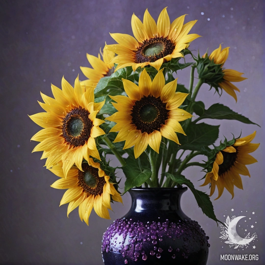 A vase of purple color holding beautiful sunflowers with dew drops at night.