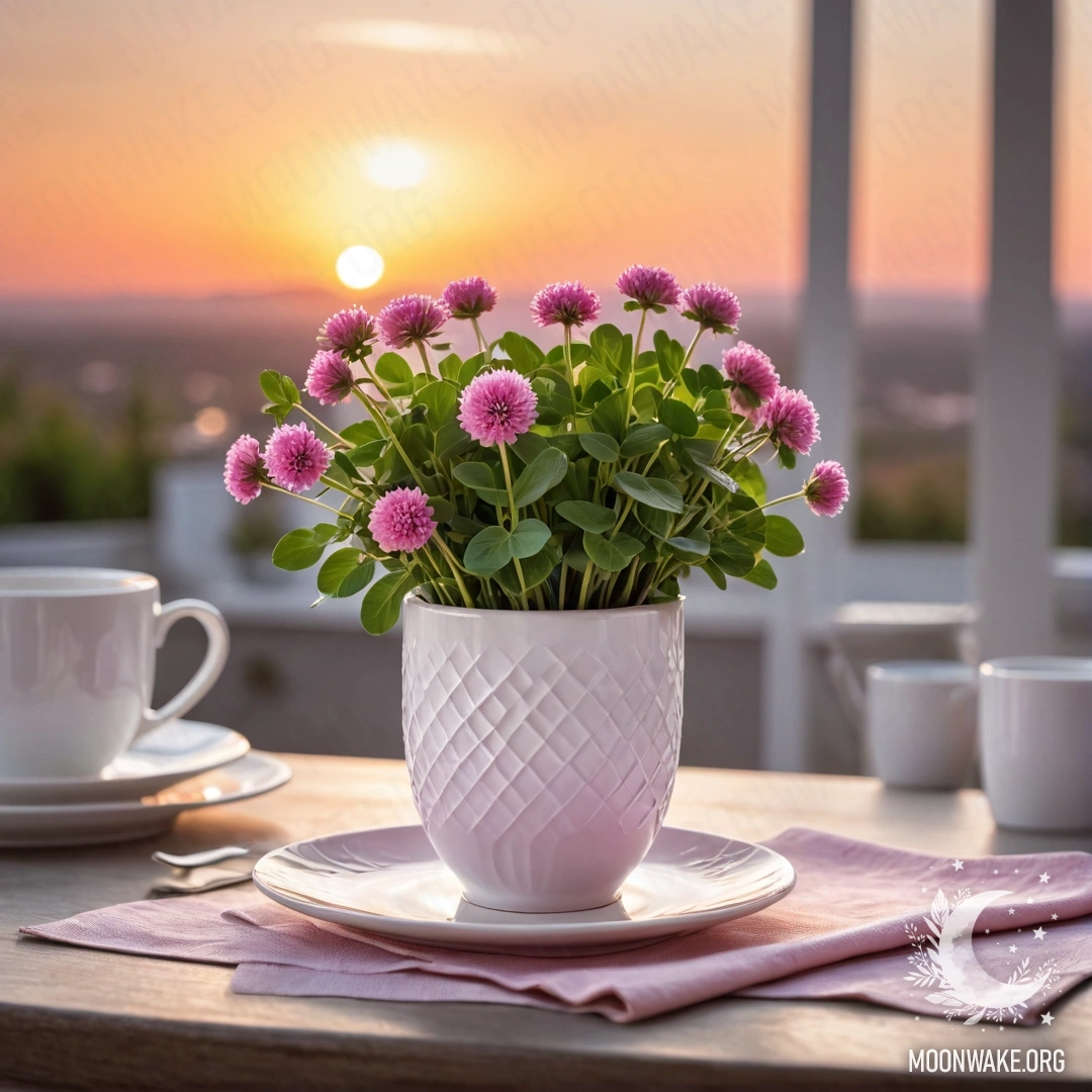 A round straw napkin holding porcelain cups with pink patterns and a white vase containing clover at sunset.