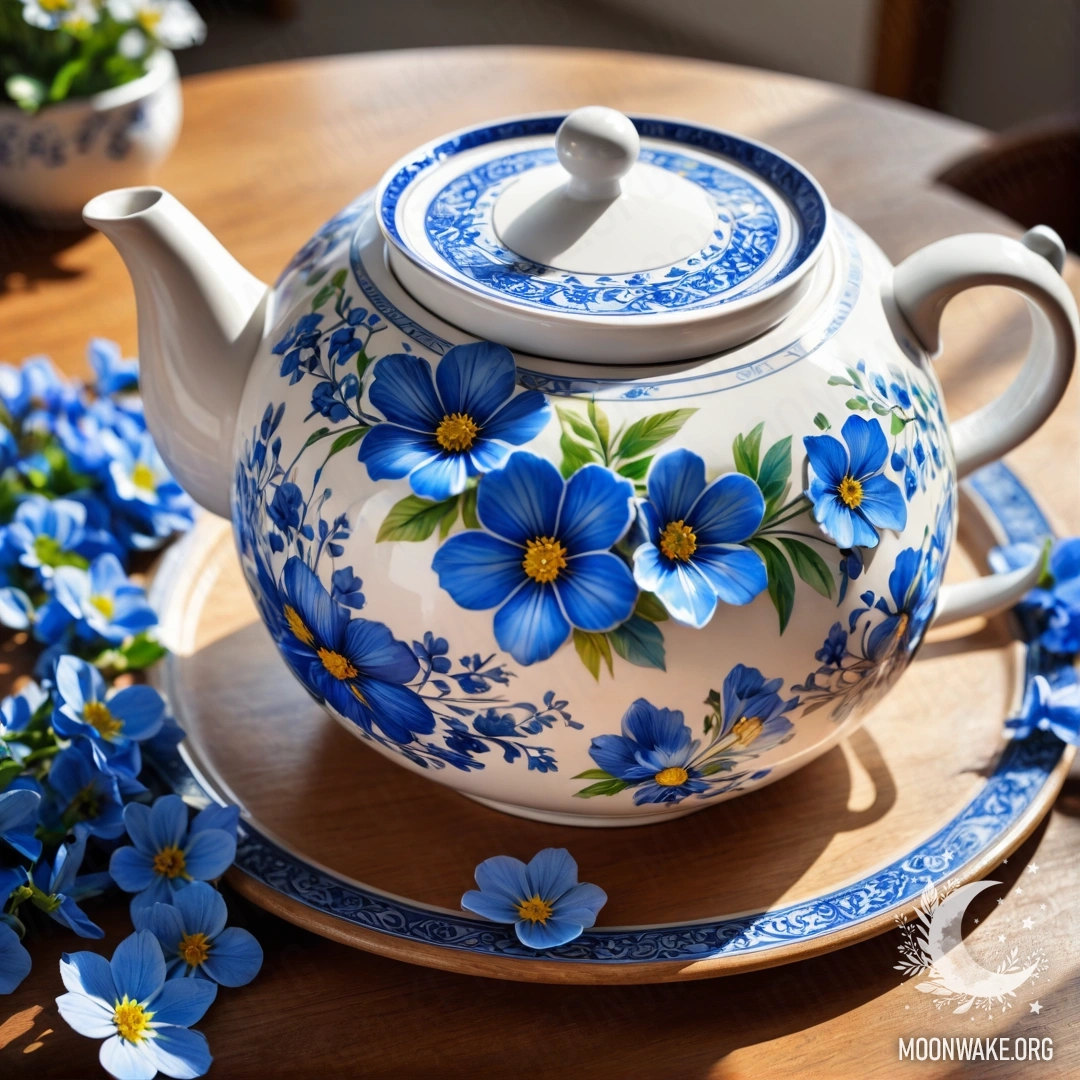 A photorealistic depiction of a round wooden table with a porcelain teapot filled with blue flowers, illuminated by sun rays.
