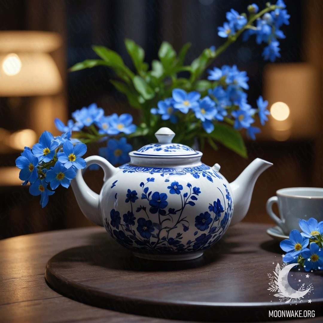 A round wooden table with a porcelain teapot containing blue flowers at night.