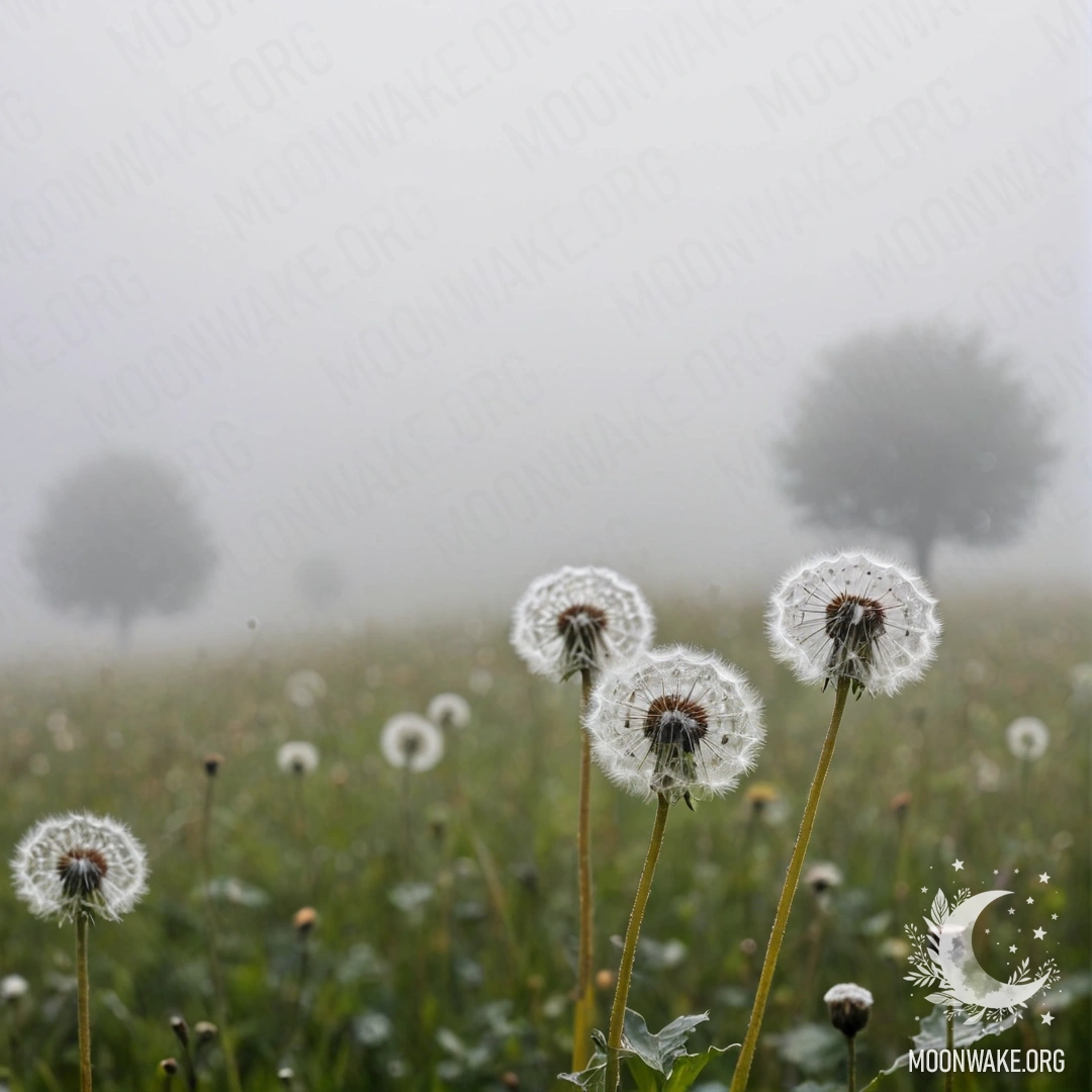 A close-up of dandelions in a foggy field with a bokeh sky.