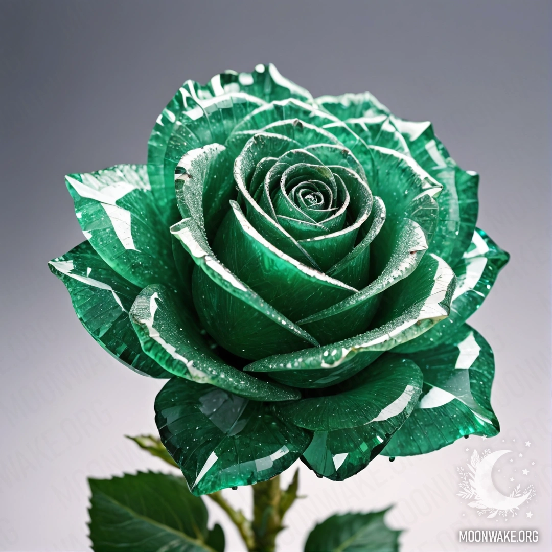 A stunning rose made of emerald crystal with shimmering petals.