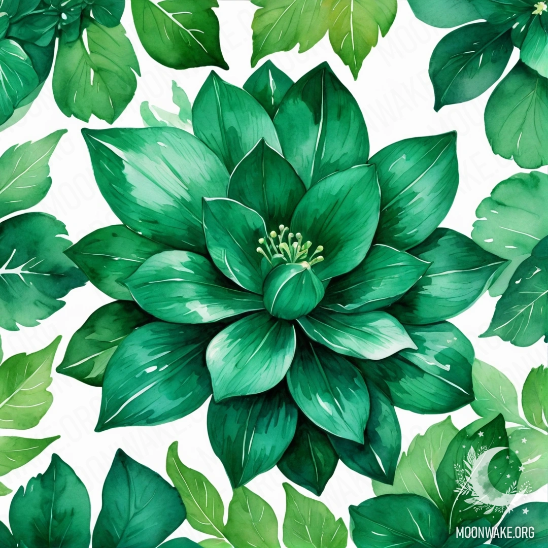 A magical flower made entirely of emerald, with shining emerald petals, stems, and leaves.