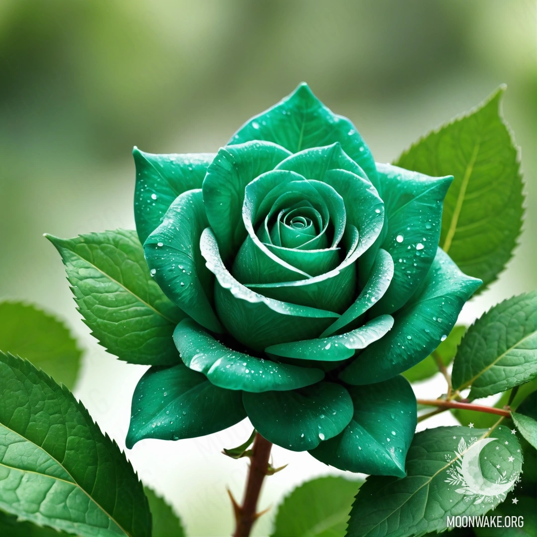 A stunning rose made entirely of emerald, with brilliant green petals, stem, and leaves.