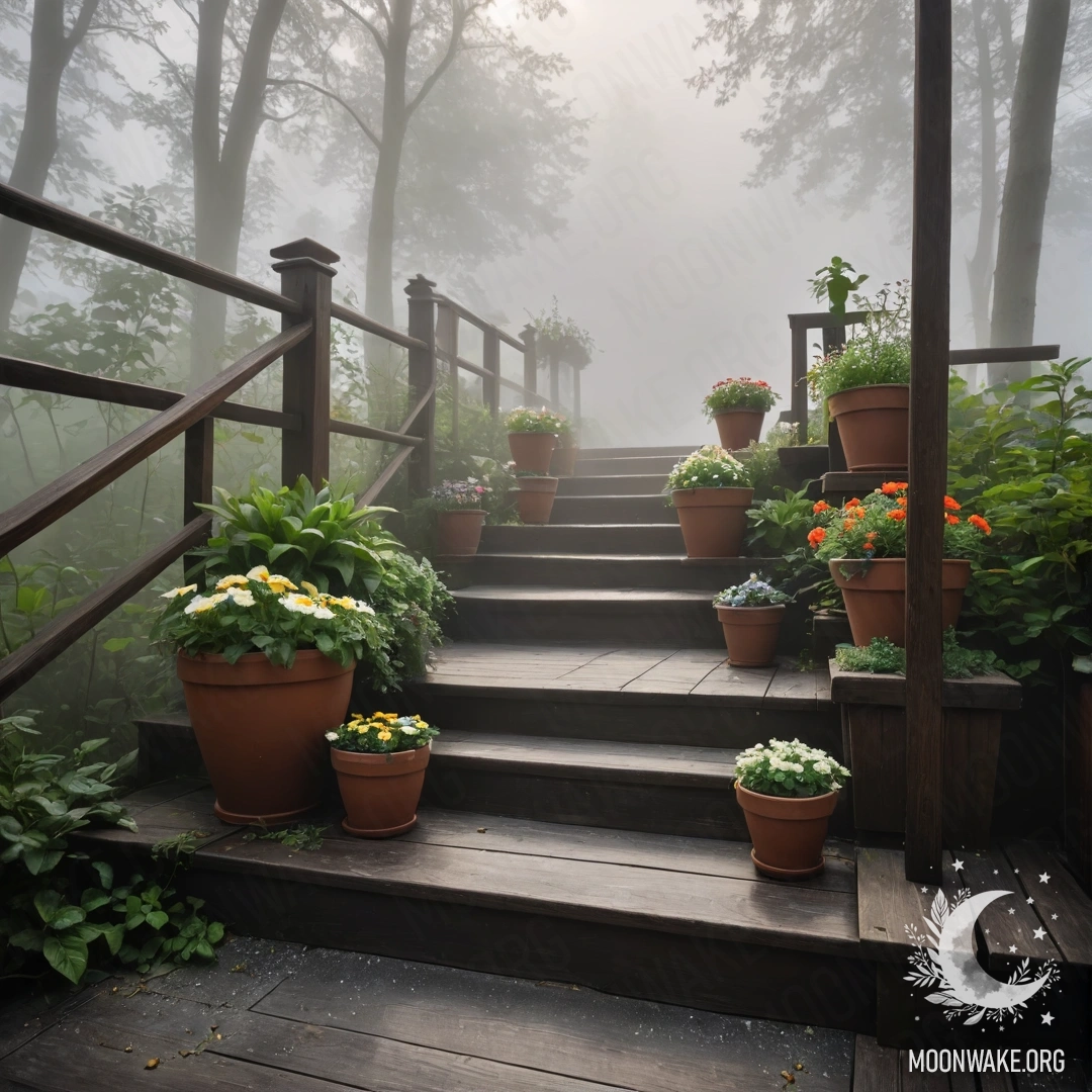 Enchanted Flowerpots on a Wooden Staircase A wooden staircase adorned with flowerpots surrounded by dense mist.