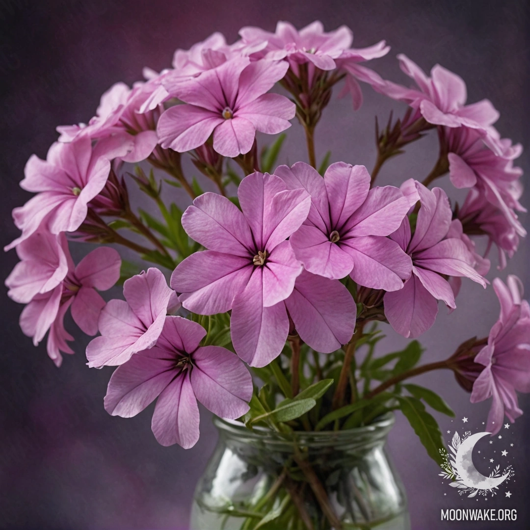 A vase filled with beautiful fuchsia phlox flowers surrounded by fog at night.