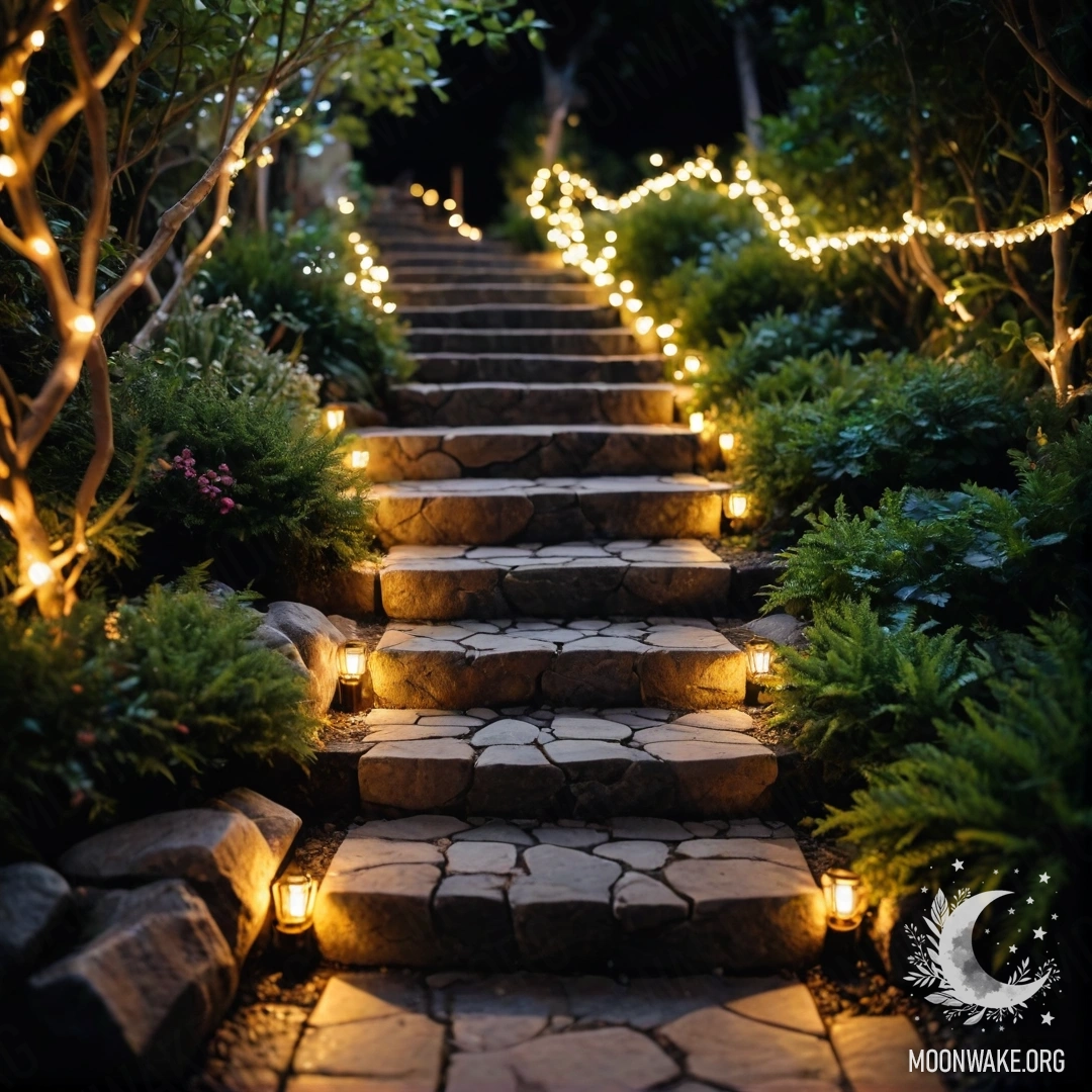 A beautiful garden illuminated by light garlands, featuring a stone path and a wooden staircase at night.
