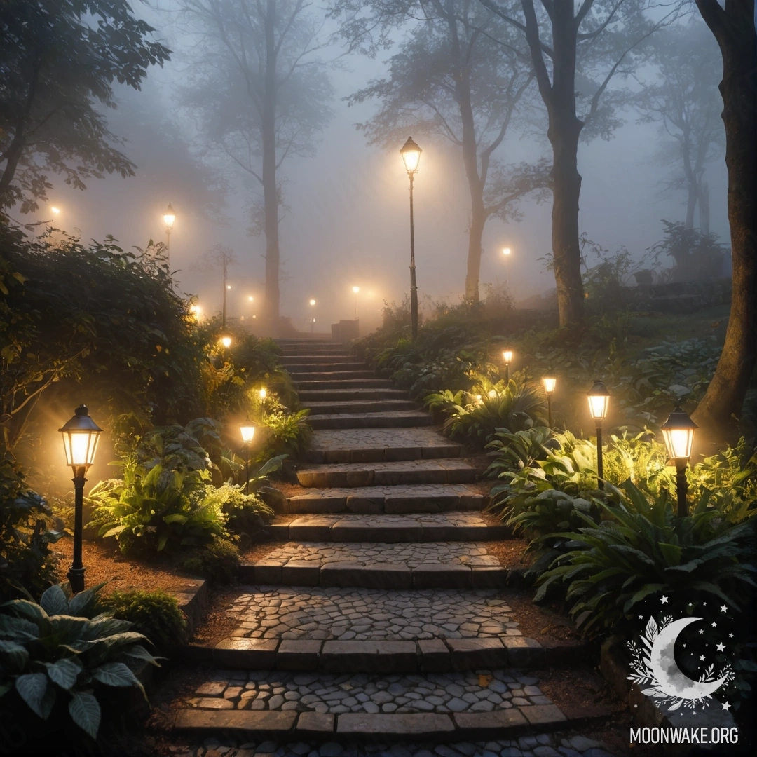 A foggy garden adorned with light garlands and stone pathways.