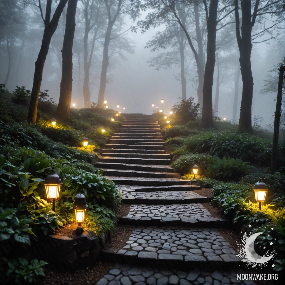A charming garden path adorned with light garlands, surrounded by a dense fog.
