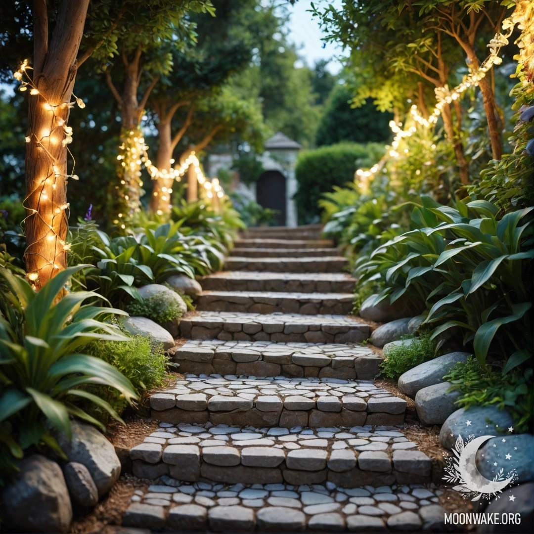 Enchanted Garden with Light Garlands A garden path made of stones and a wooden staircase, decorated with light garlands under sun rays.