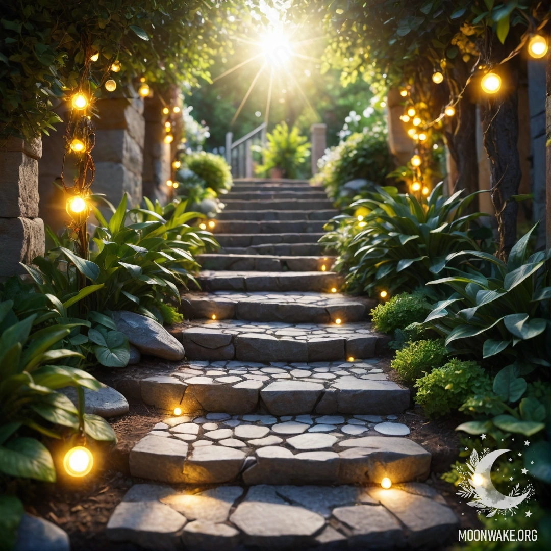 A realistic depiction of a garden path made of stones, adorned with light garlands and a wooden staircase illuminated by sun rays.