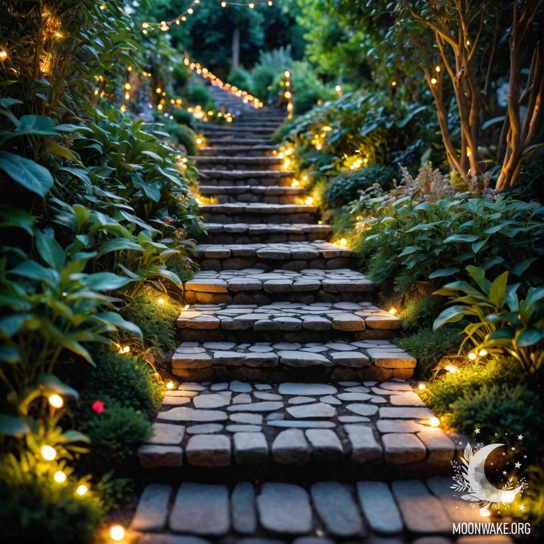 A beautifully decorated garden with light garlands, stone pathway, and wooden staircase.
