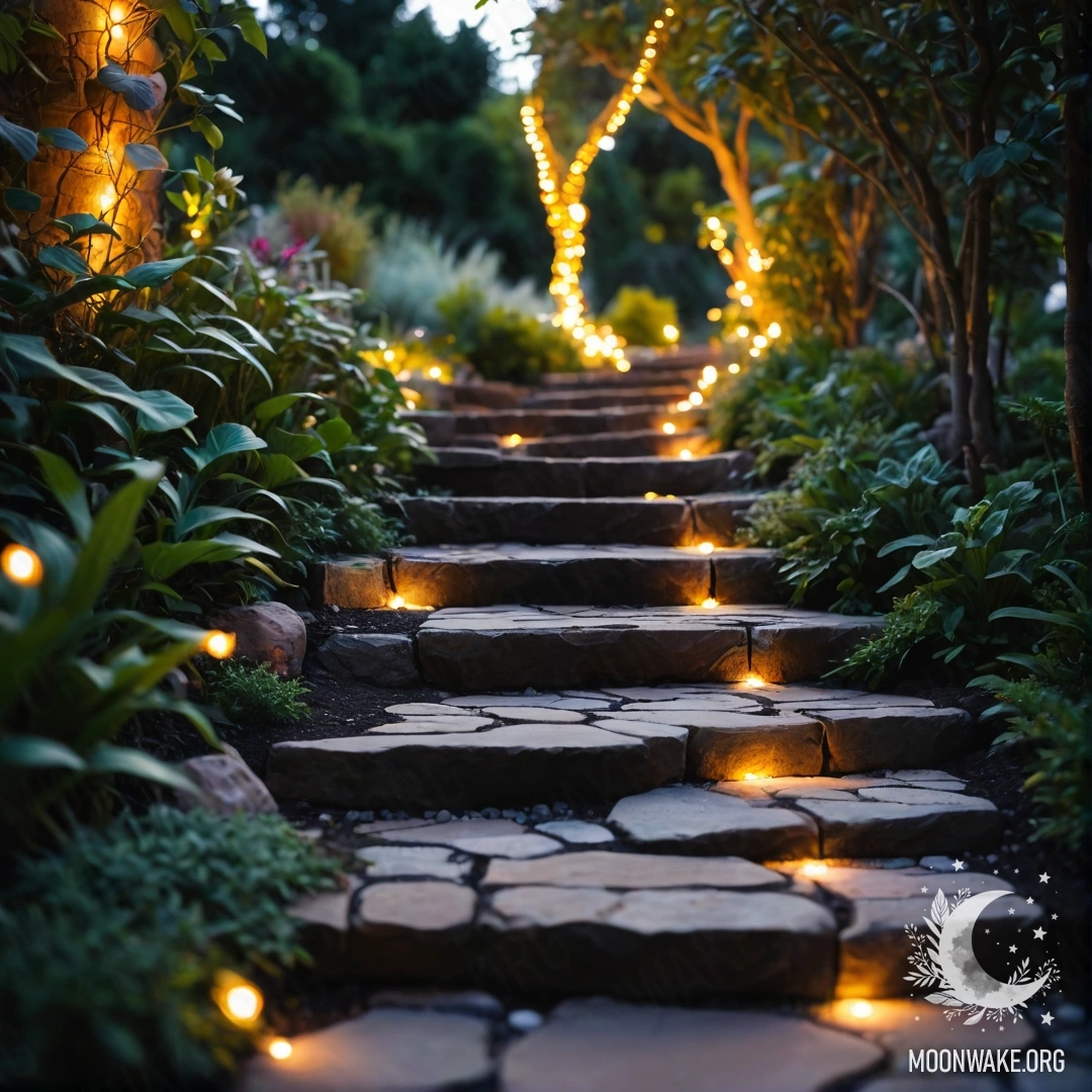 A beautiful garden with light garlands, a stone path, and a wooden staircase against a sunset backdrop.