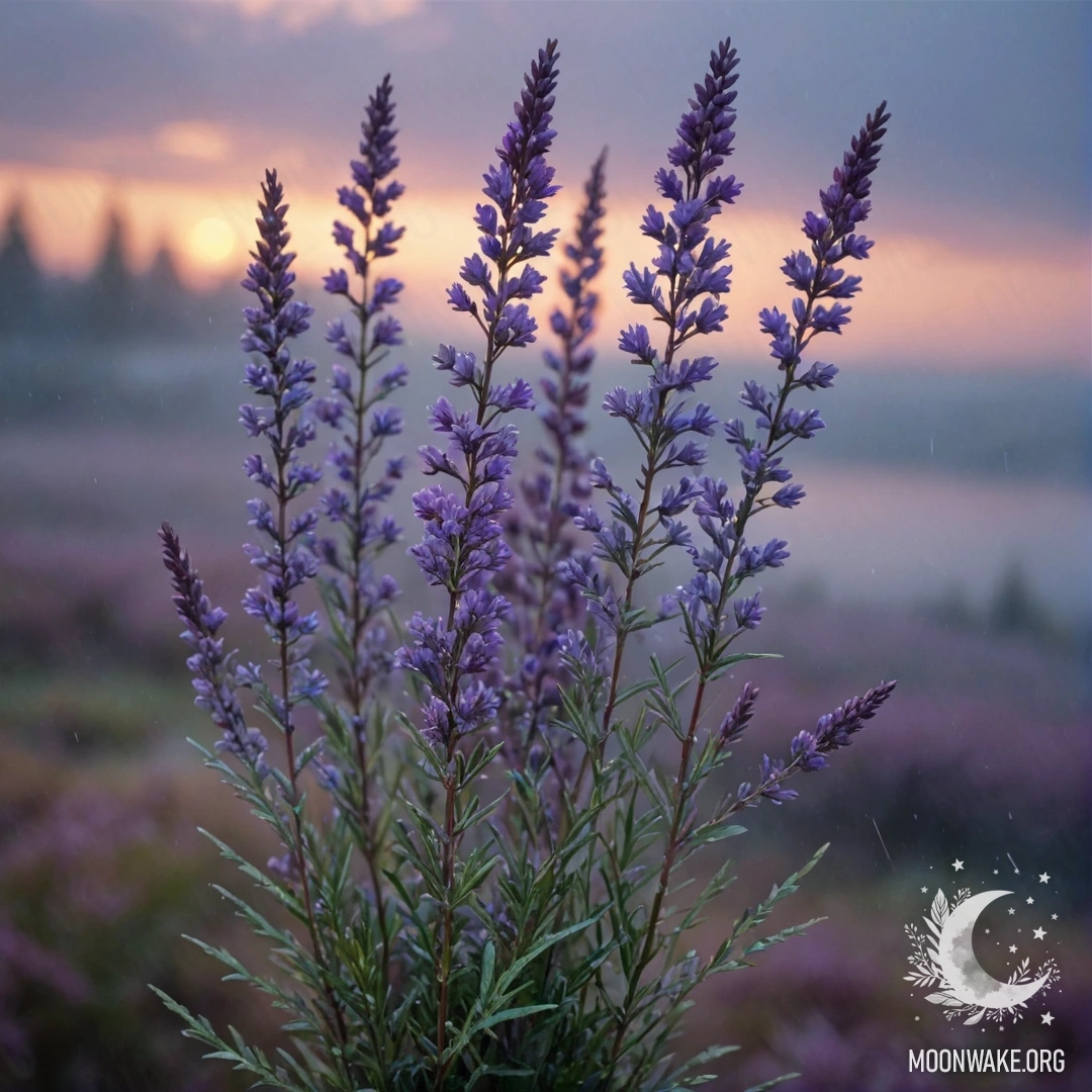 A bouquet of blue heather in the mist during a rainy sunset.