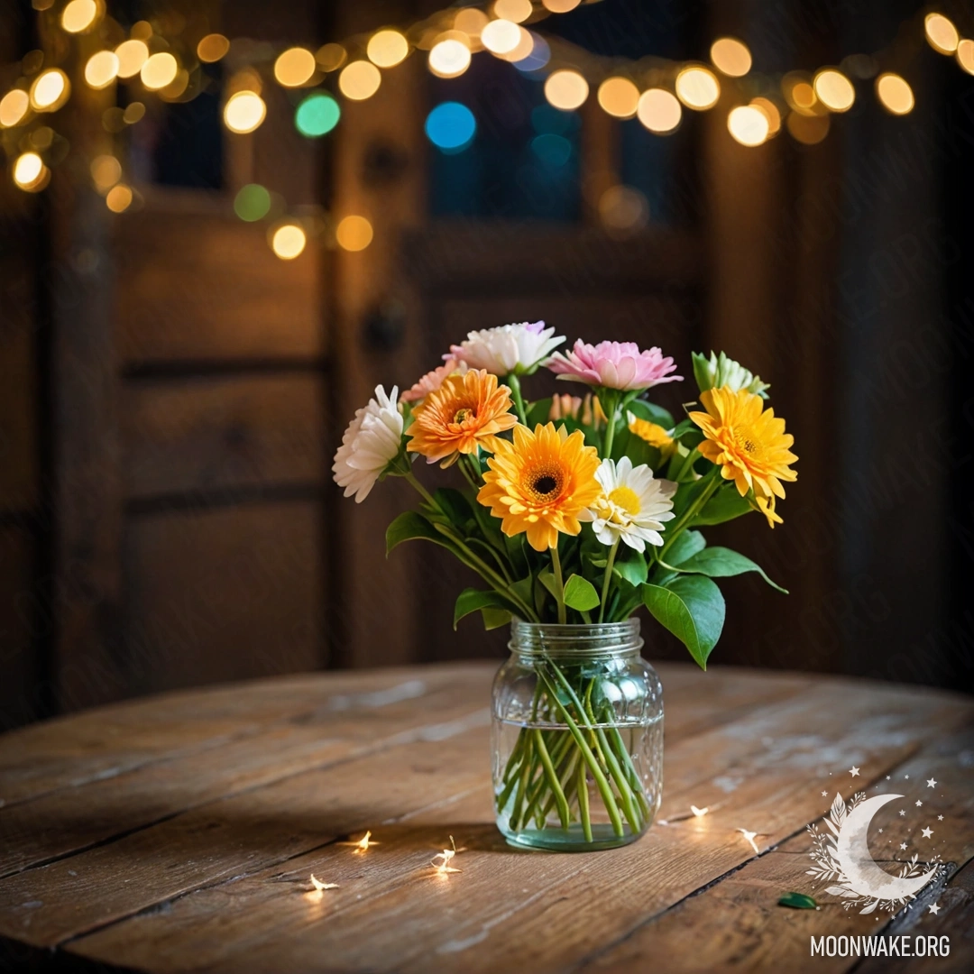 Enchanting Night with Flowers A shabby wooden table with a jar of flowers, illuminated by a bokeh of lights in the background.