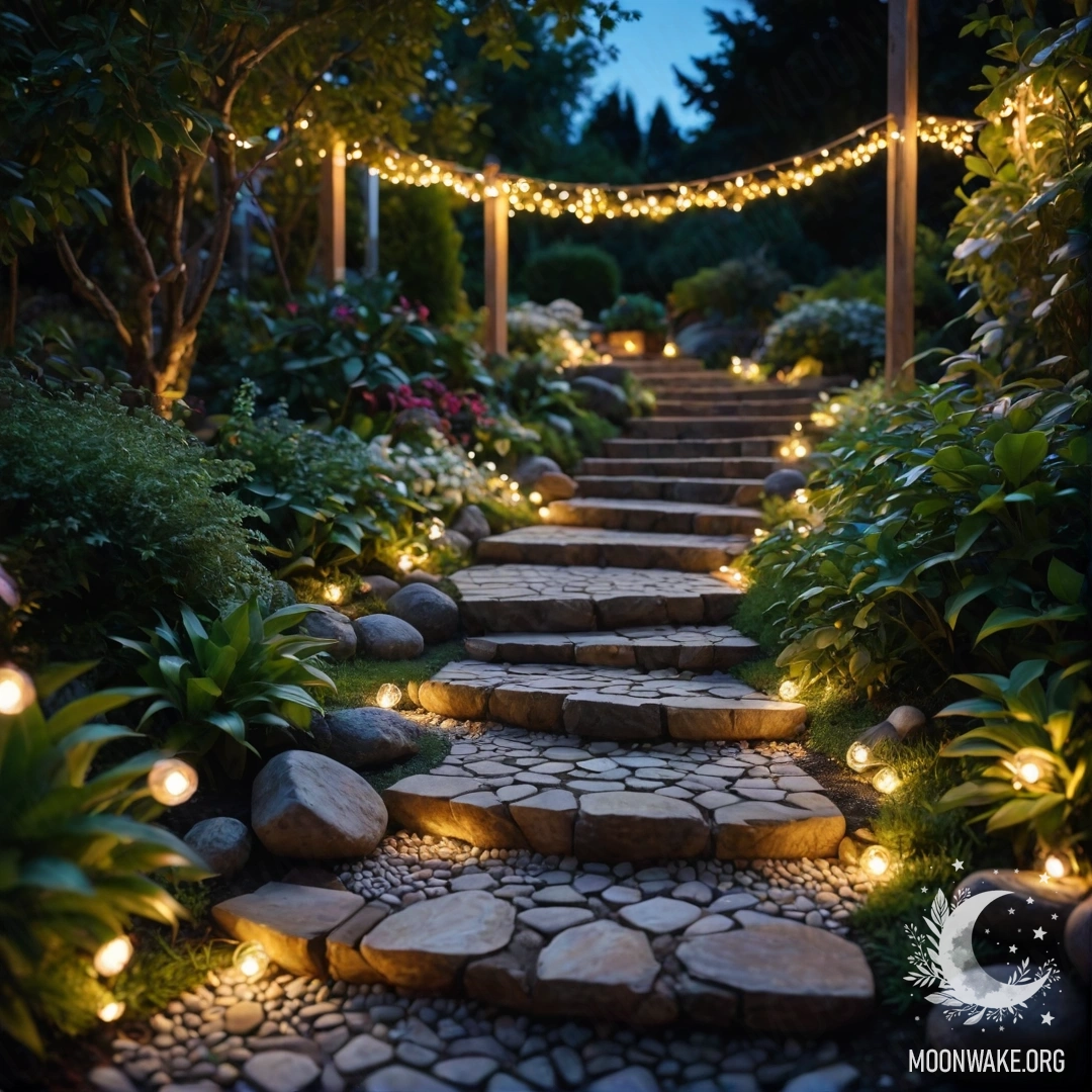 Enchanting Night Garden with Light Garlands A calm garden at night adorned with light garlands and a stone path.