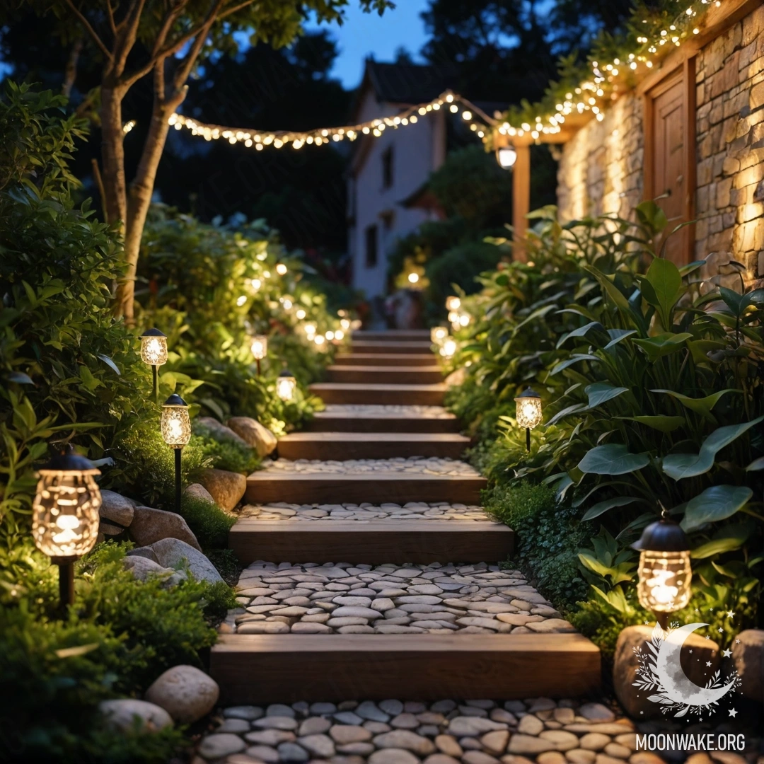 A beautifully decorated garden at night with light garlands, stone path, and wooden staircase.