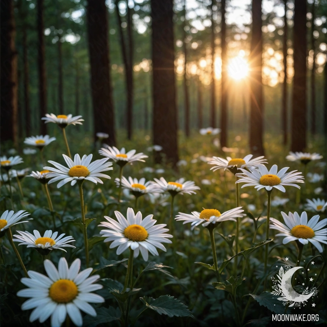 Close-up photograph of daisies surrounded by trees during sunset.