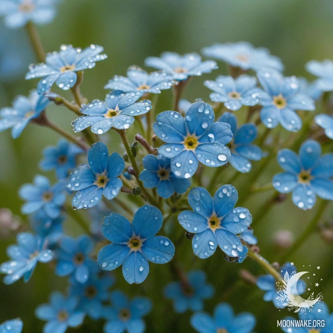 Enchanting Aquamarine Forget-Me-Nots with Dew Drops A serene pattern of forget-me-nots in aquamarine color adorned with dew drops.