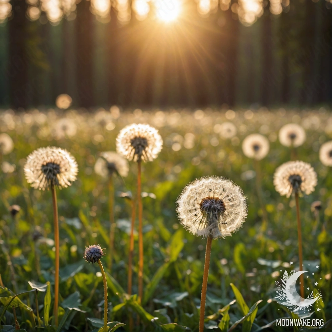 A close-up view of dandelions in a field with a bokeh background of a forest during sunset.