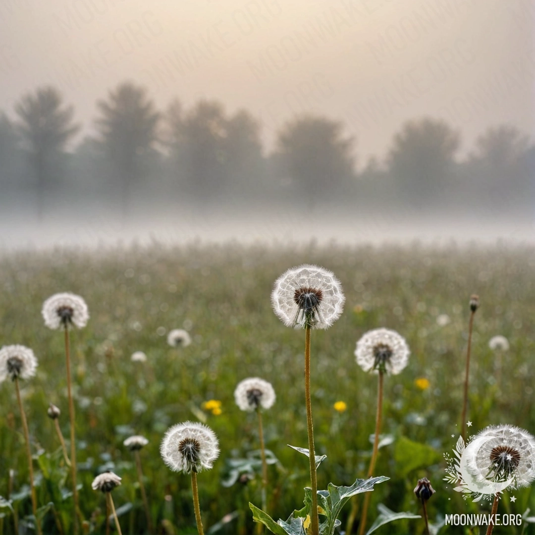 Close-up view of dandelions in a foggy field under a cloudy sky.