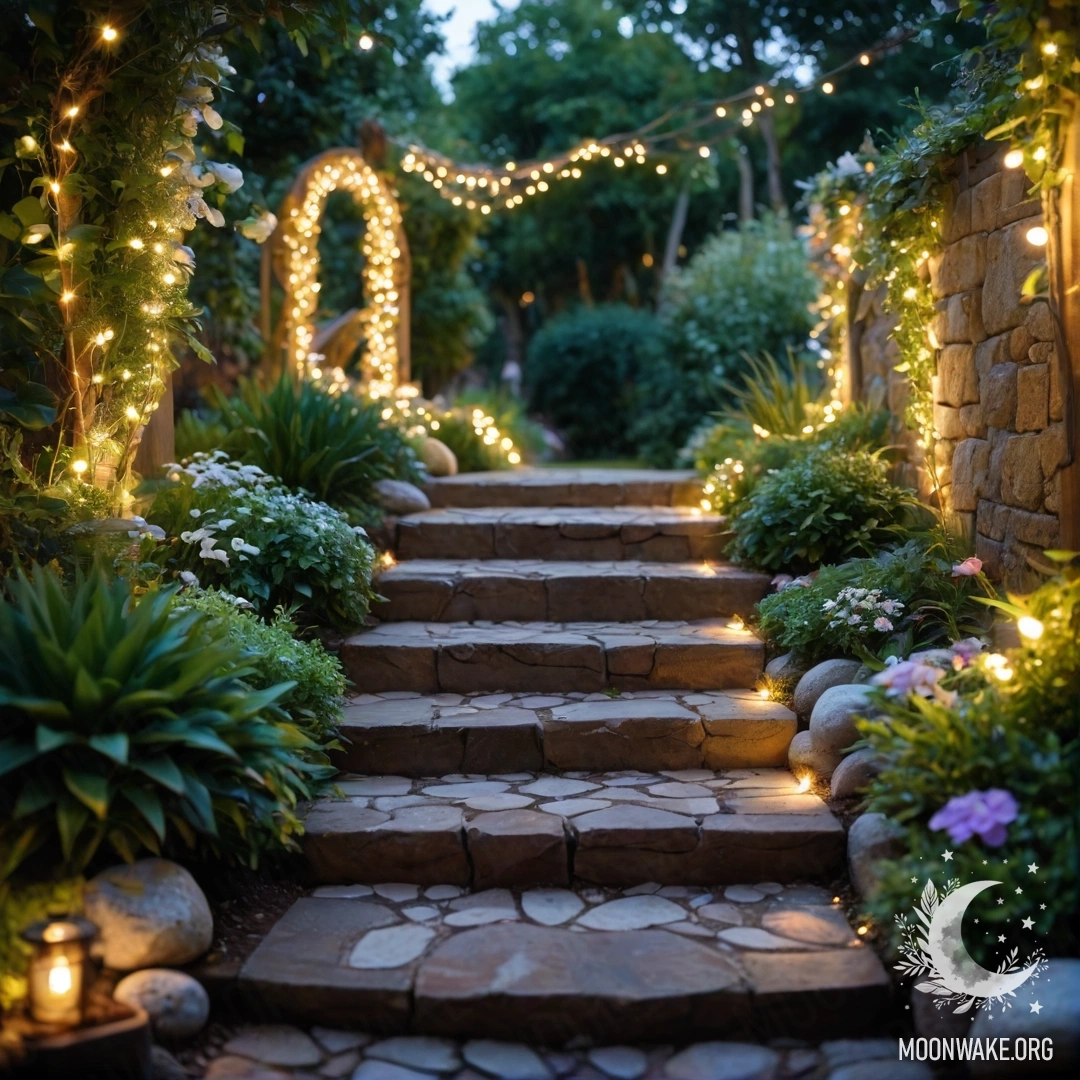 Enchanting Garden with Lights and Stone Pathway A beautiful garden with decorated lights, stone pathway, and wooden staircase.