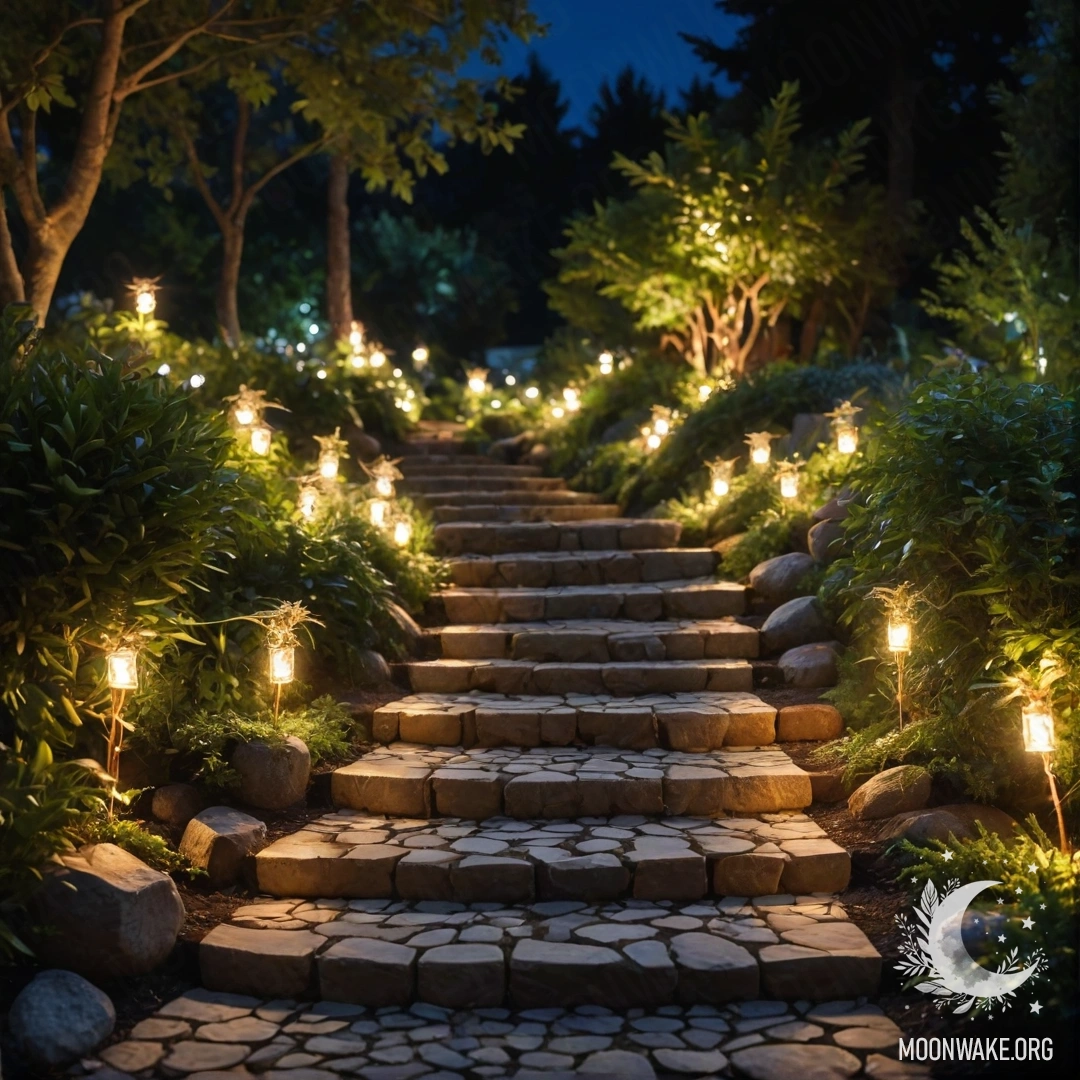A serene garden path made of stones leads to a wooden staircase adorned with light garlands under a starry night sky.