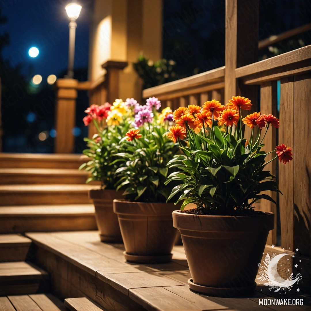 Enchanting Night on a Wooden Staircase A wooden staircase adorned with flowerpots under the night sky.