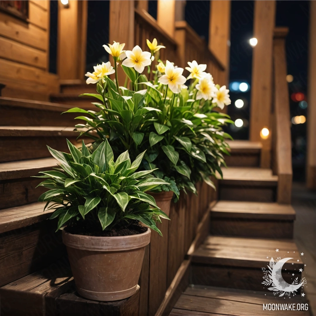Enchanting Night on a Wooden Staircase A wooden staircase adorned with flowerpots at nighttime.