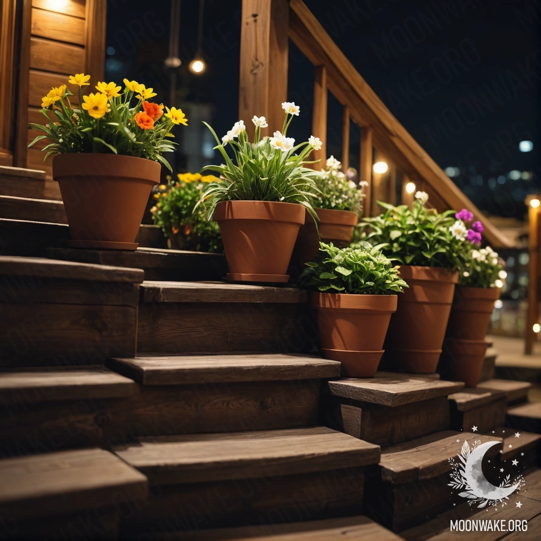 A wooden staircase adorned with flowerpots under the night sky.