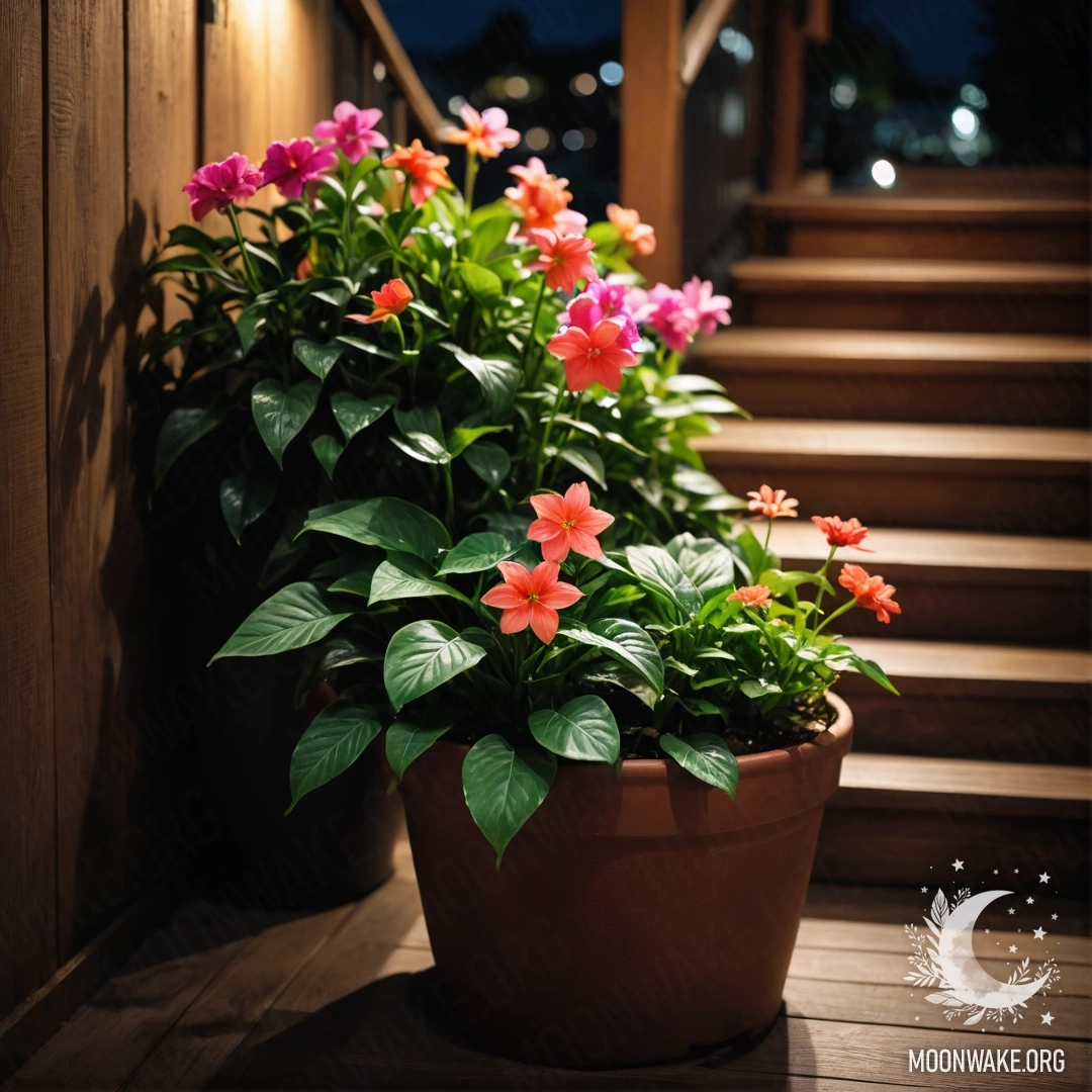 A beautifully arranged scene of flowerpots on a wooden staircase at night
