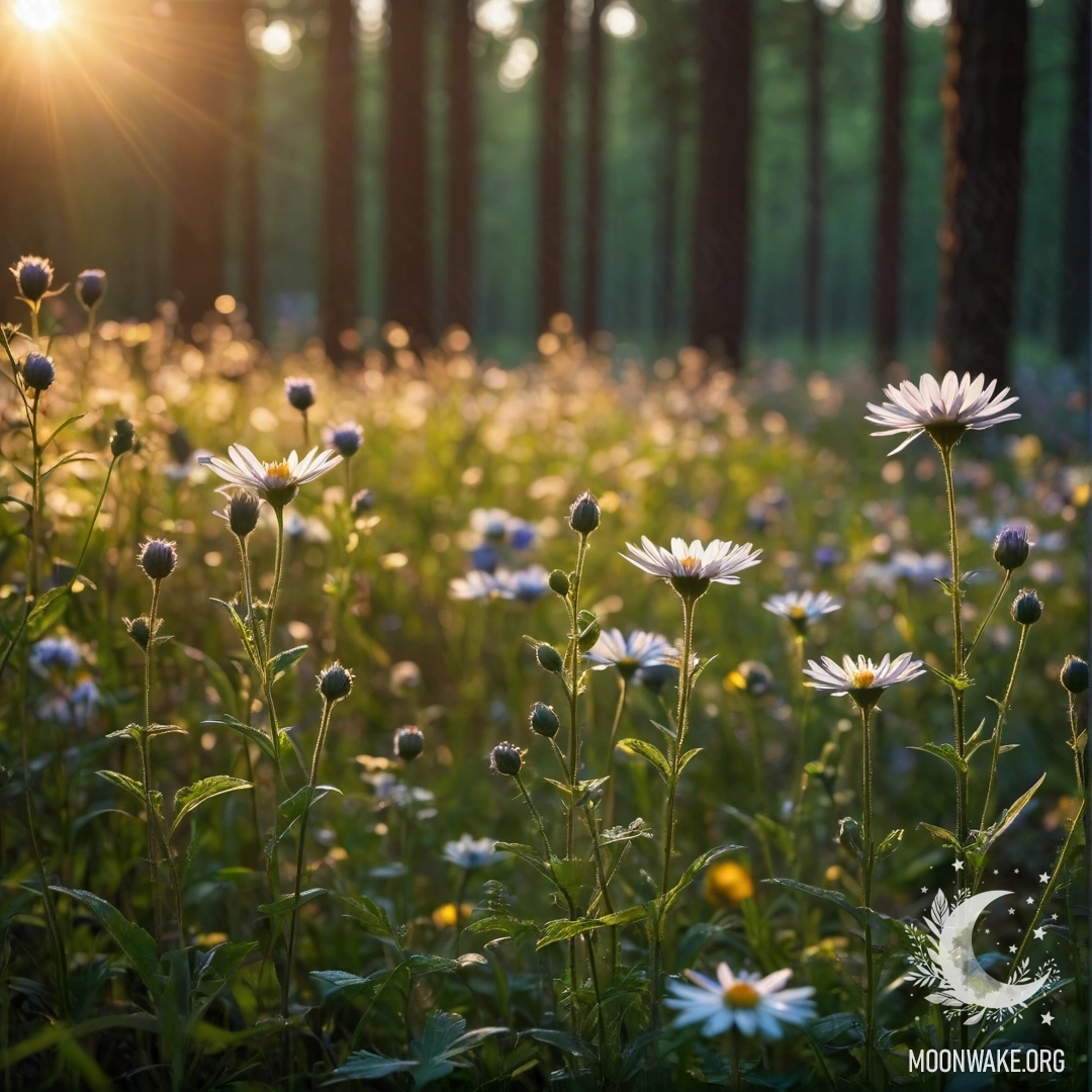 Enchanting Nighttime Flower Field Close-up of vibrant field flowers against a blurred forest background with soft sun rays shining through at night.