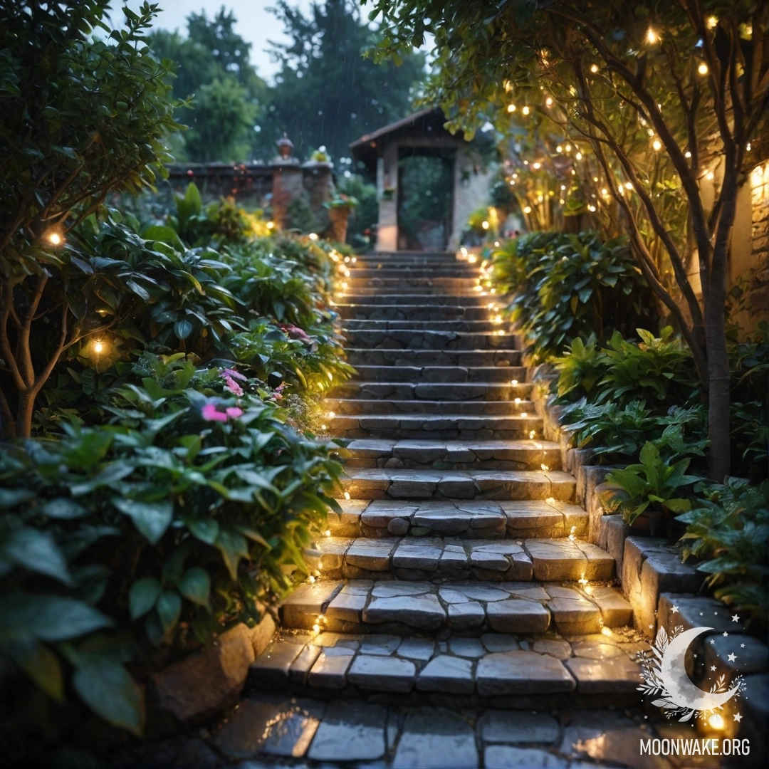 A picturesque garden path made of stones, decorated with light garlands under the rain.
