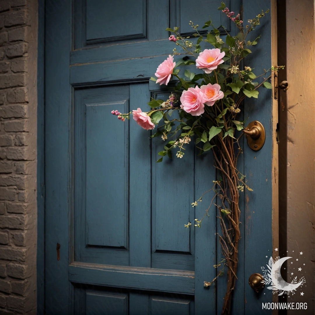 Enchanting Shabby Door at Night A shabby door adorned with twigs and flowers on the handle at night.