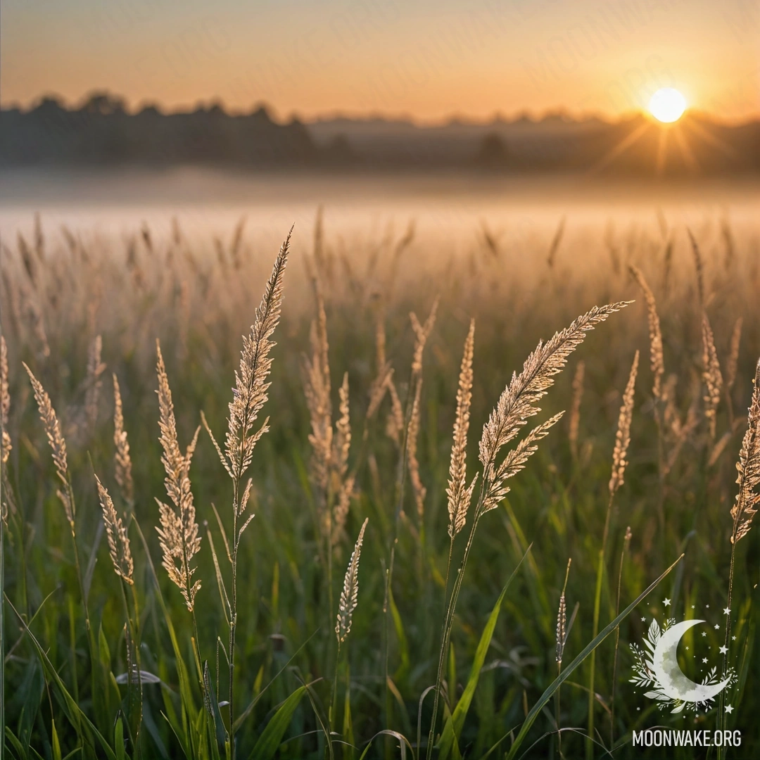 Close-up of grassy field with bokeh effect and fog at sunset.
