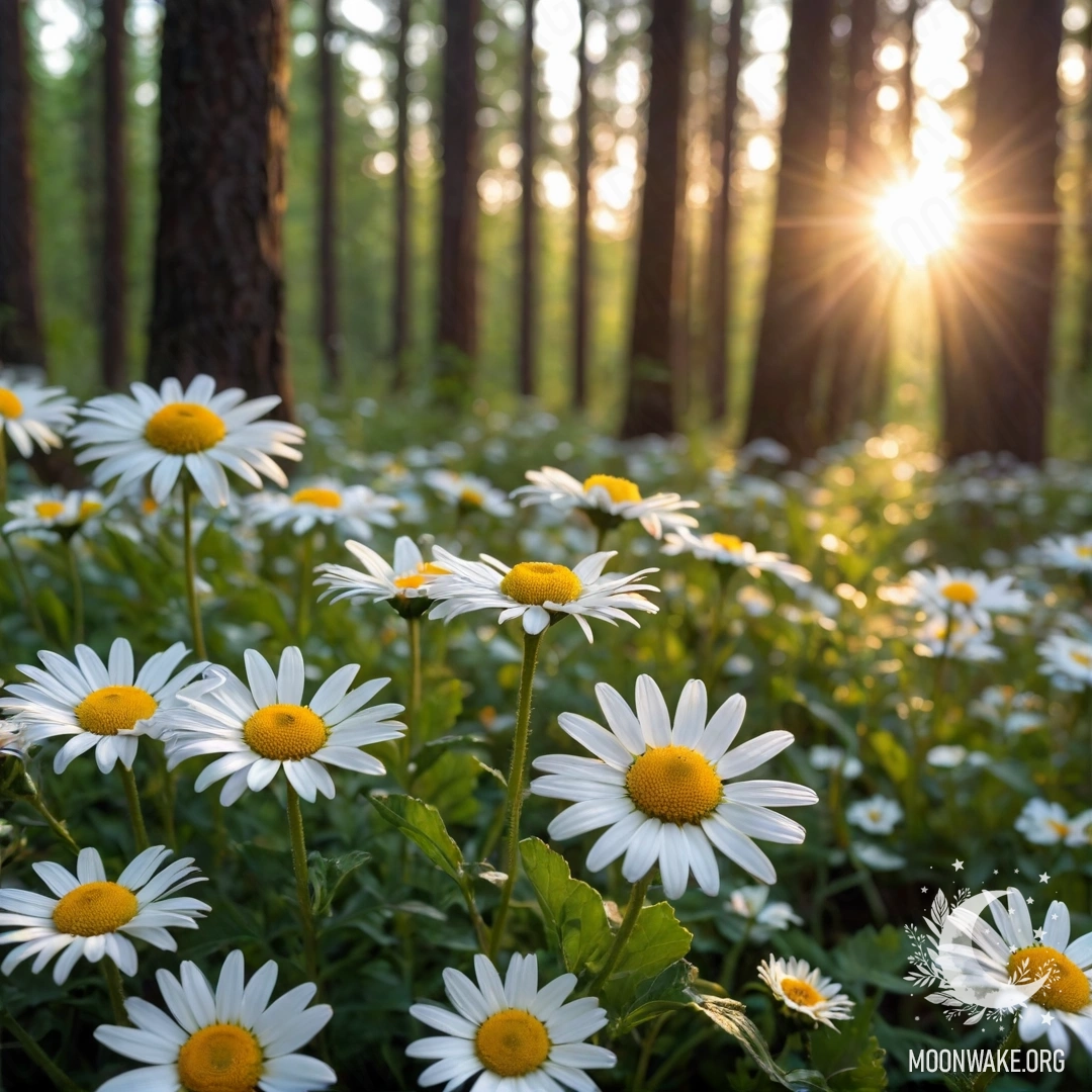 Close-up of daisies illuminated by a gentle garland light with trees in the background during sunset.