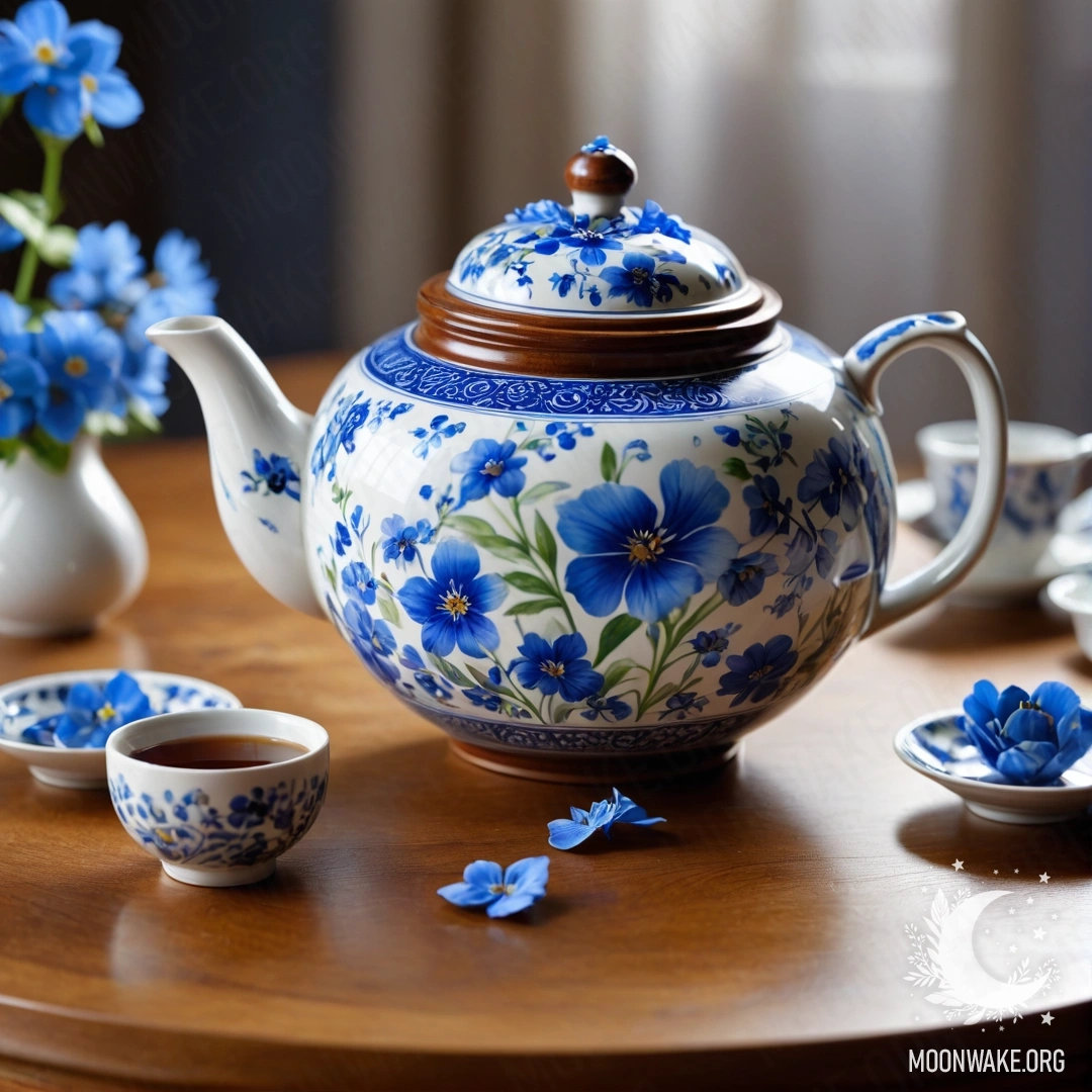 A round wooden table set with a porcelain teapot adorned with blue flowers.