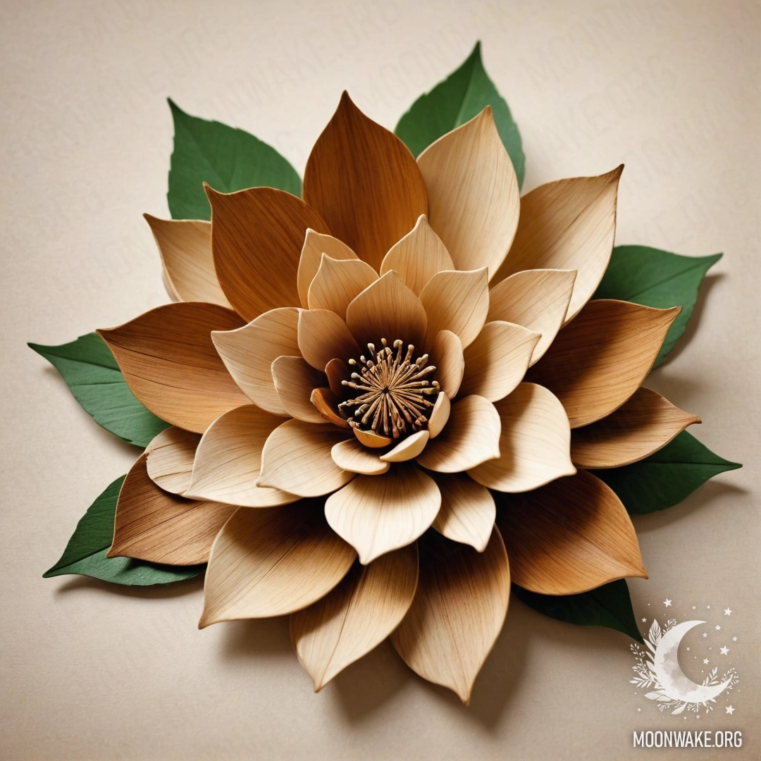 Enchanting Wooden Flower A fantastical wooden flower with wooden petals, stem, and leaves.