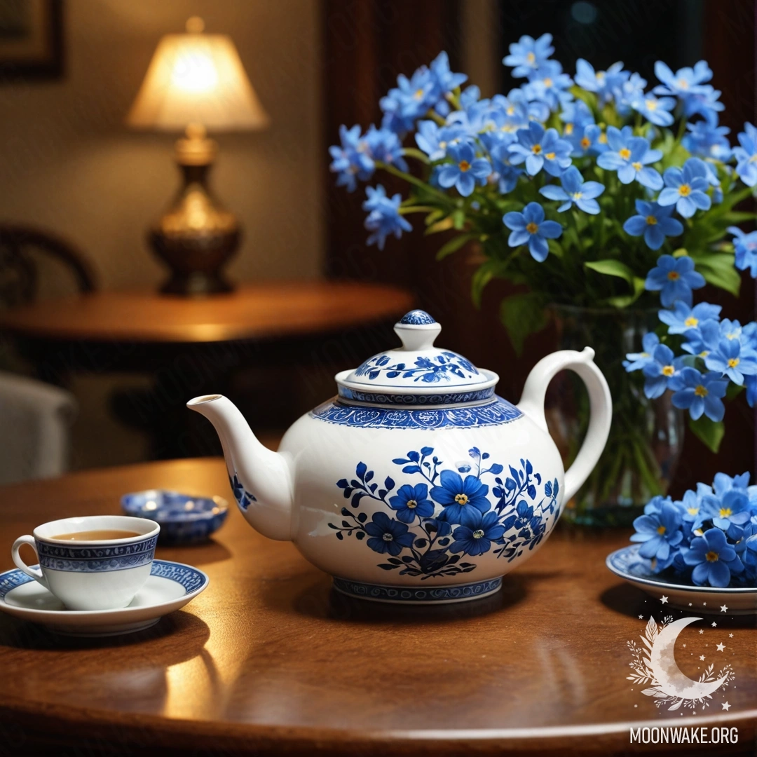 Enchanting Wooden Table with Blue Flowers Teapot A round wooden table adorned with a porcelain teapot and blue flowers at night.