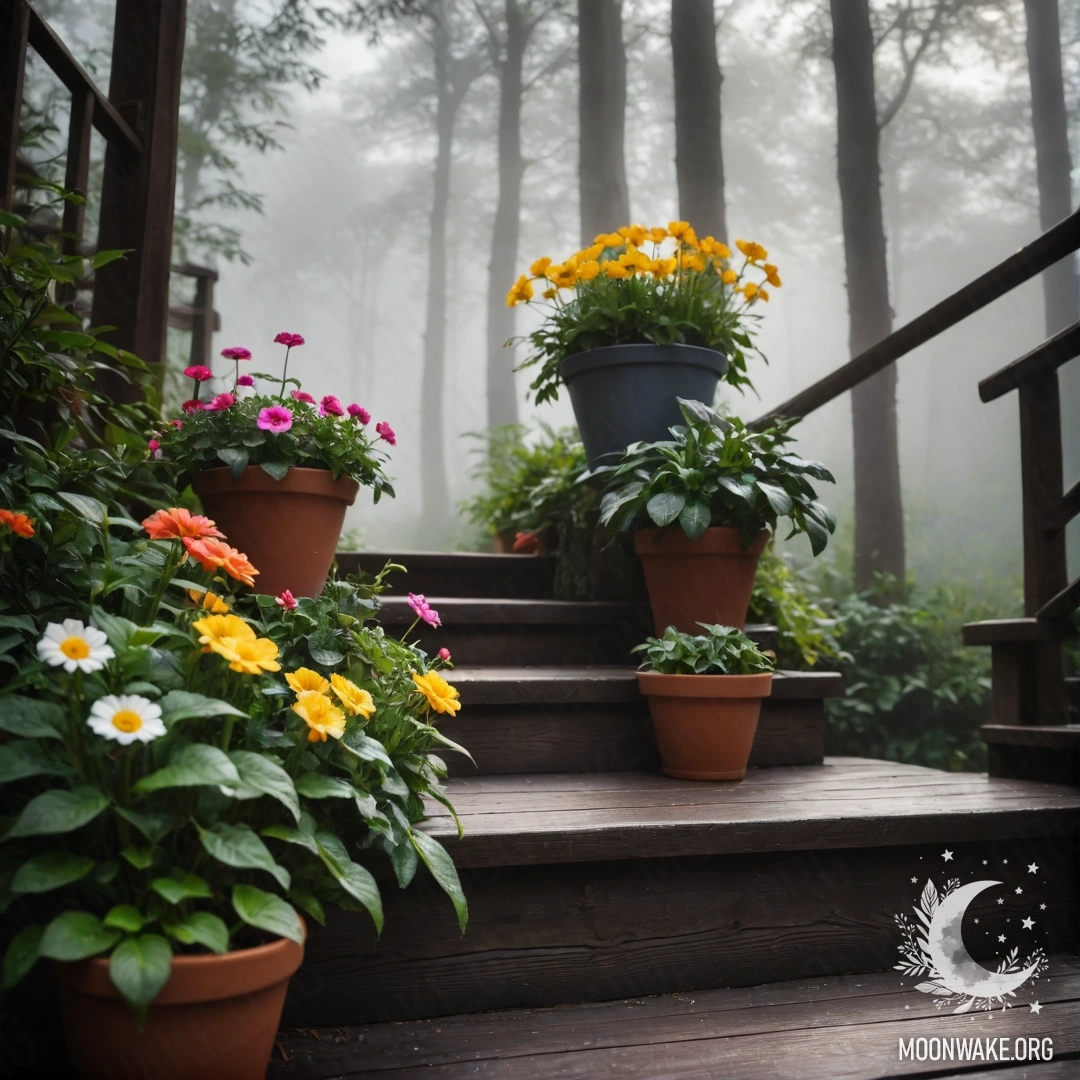 A wooden staircase adorned with flowerpots surrounded by dense fog.