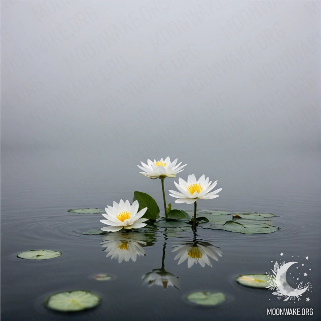 Abstract white flowers floating gently on a misty water surface.