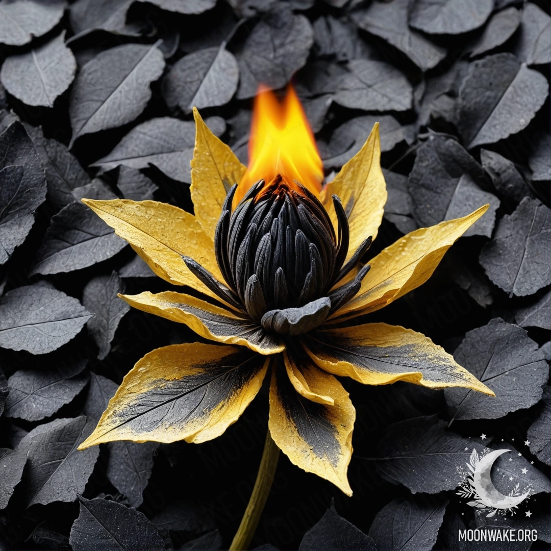 A flower made of burning ash with petals and leaves also made of burning ash.