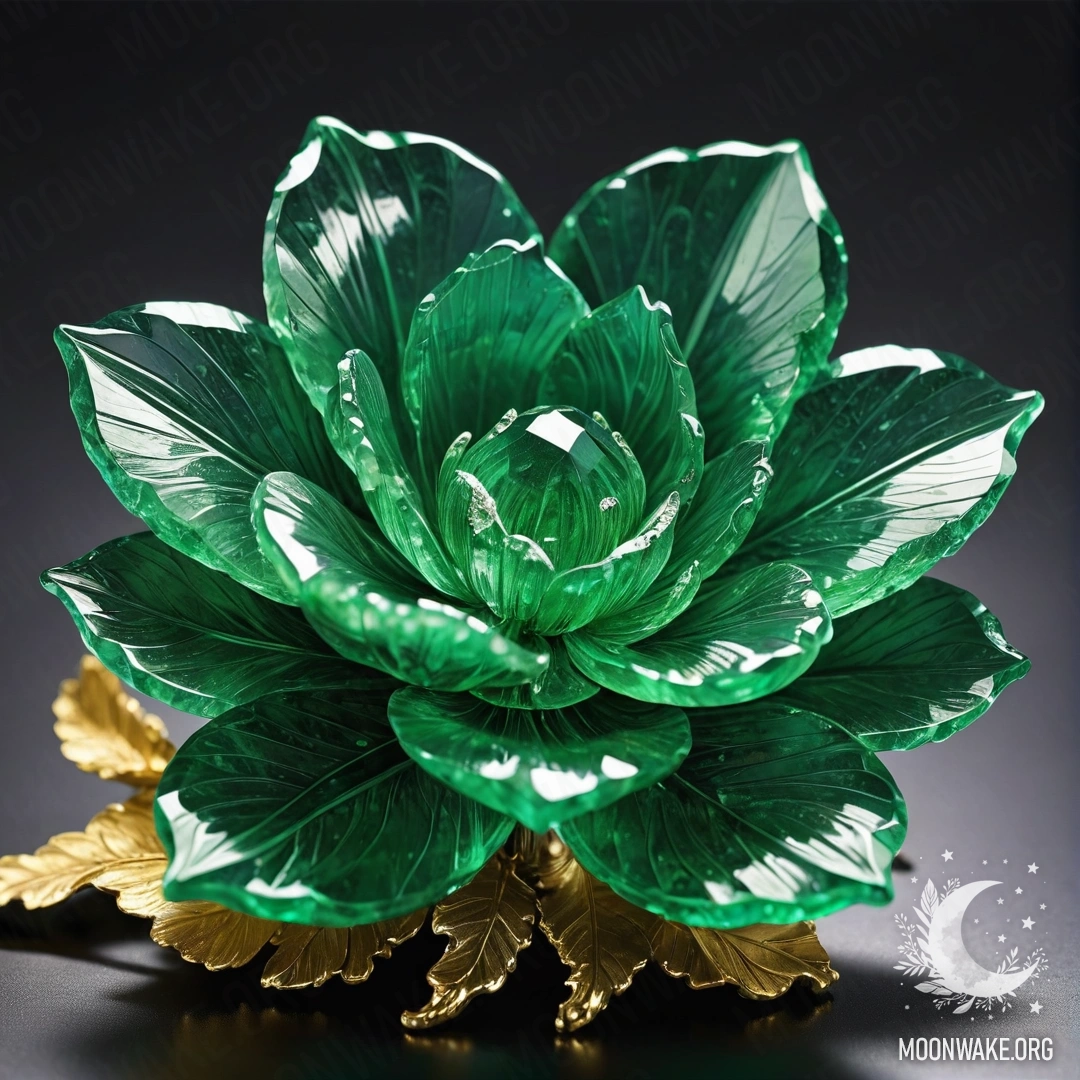 Fantastic Emerald Crystal Flower A vibrant emerald crystal flower with crystal petals, stem, and leaves.