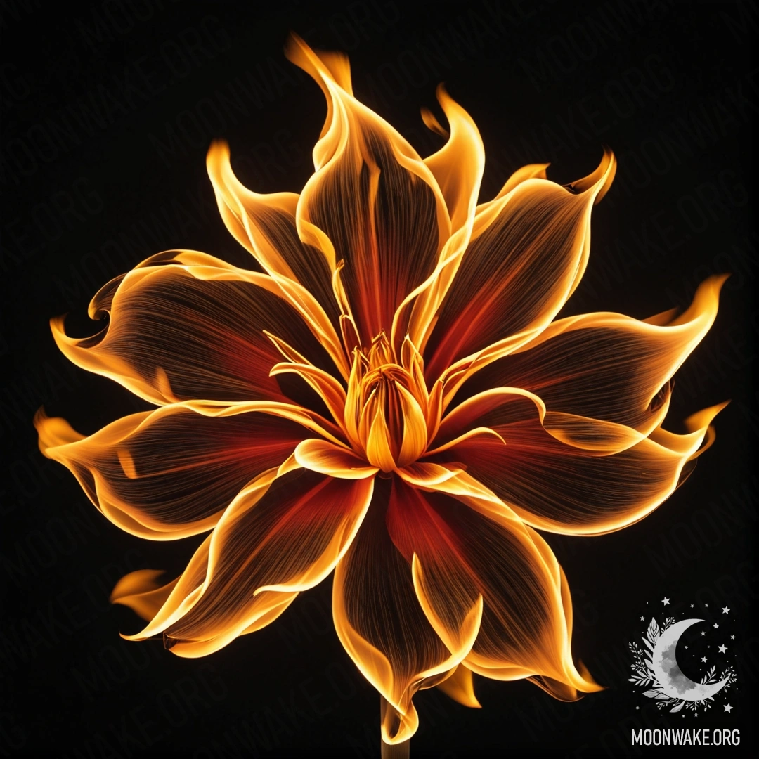A flower made of fire, with petals, stem, and leaves all engulfed in flames.