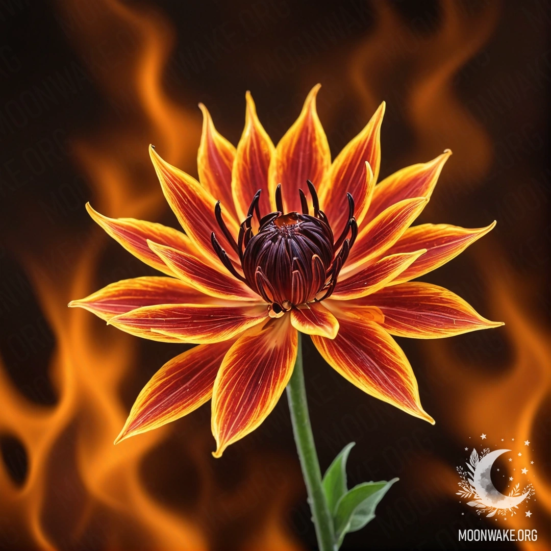 A fantastical flower made of fire, with fiery petals and stem.