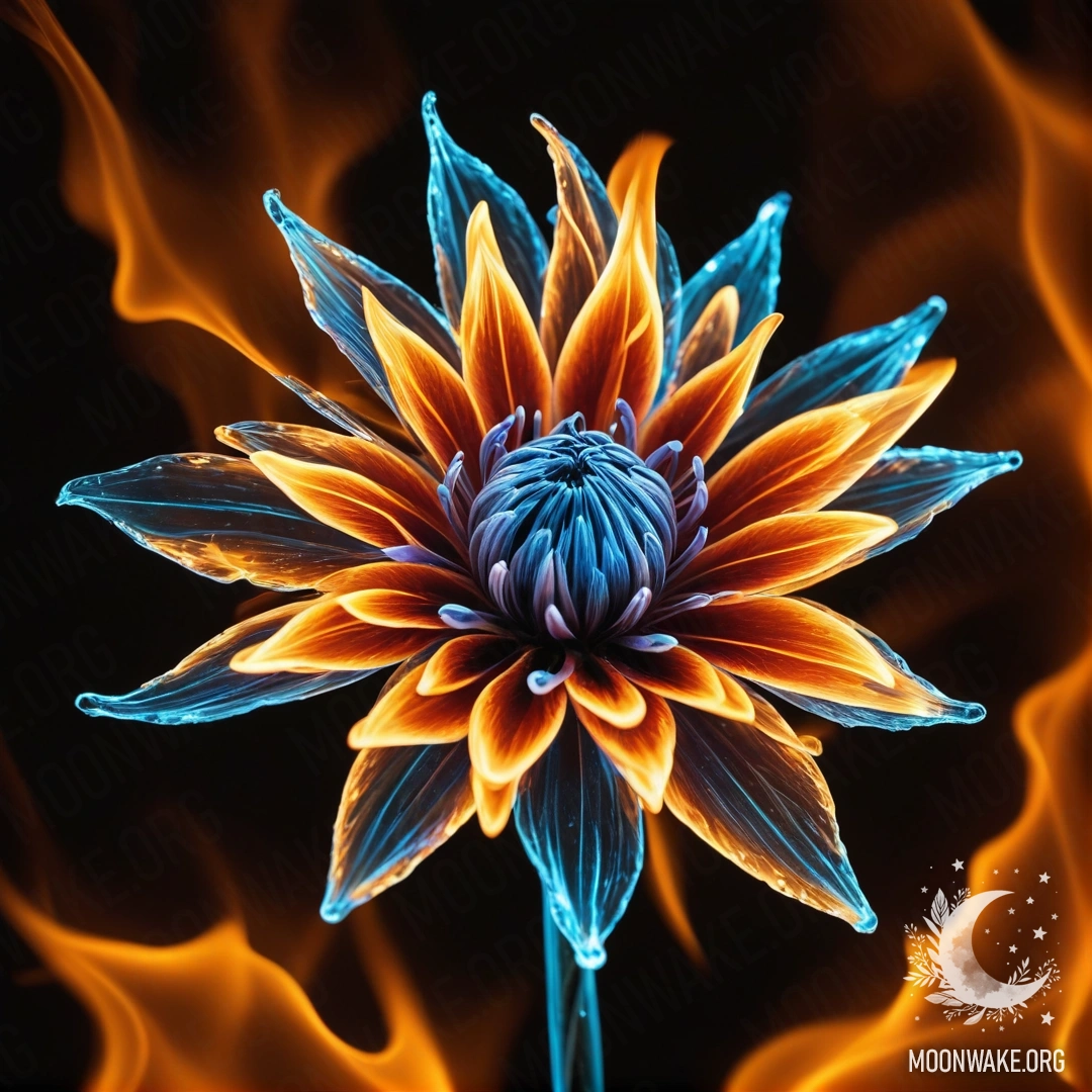 A mesmerizing flower crafted entirely from fire, with flaming petals, stem, and leaves.