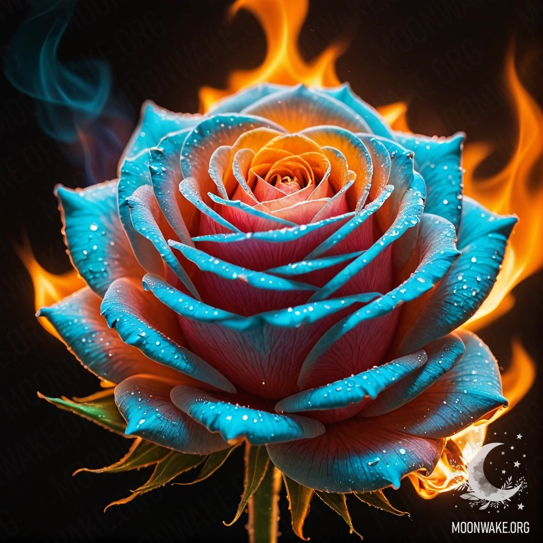 An imaginative depiction of a rose made entirely of fire, with fiery petals, stem, and leaves.