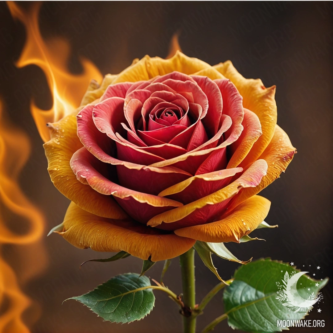A mesmerizing rose made entirely of shimmering fire with fiery petals, stem, and leaves.